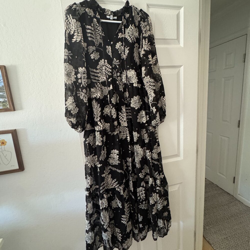 Pollygram Black Floral Midi Dress – Size M – Romantic Sheer Overlay